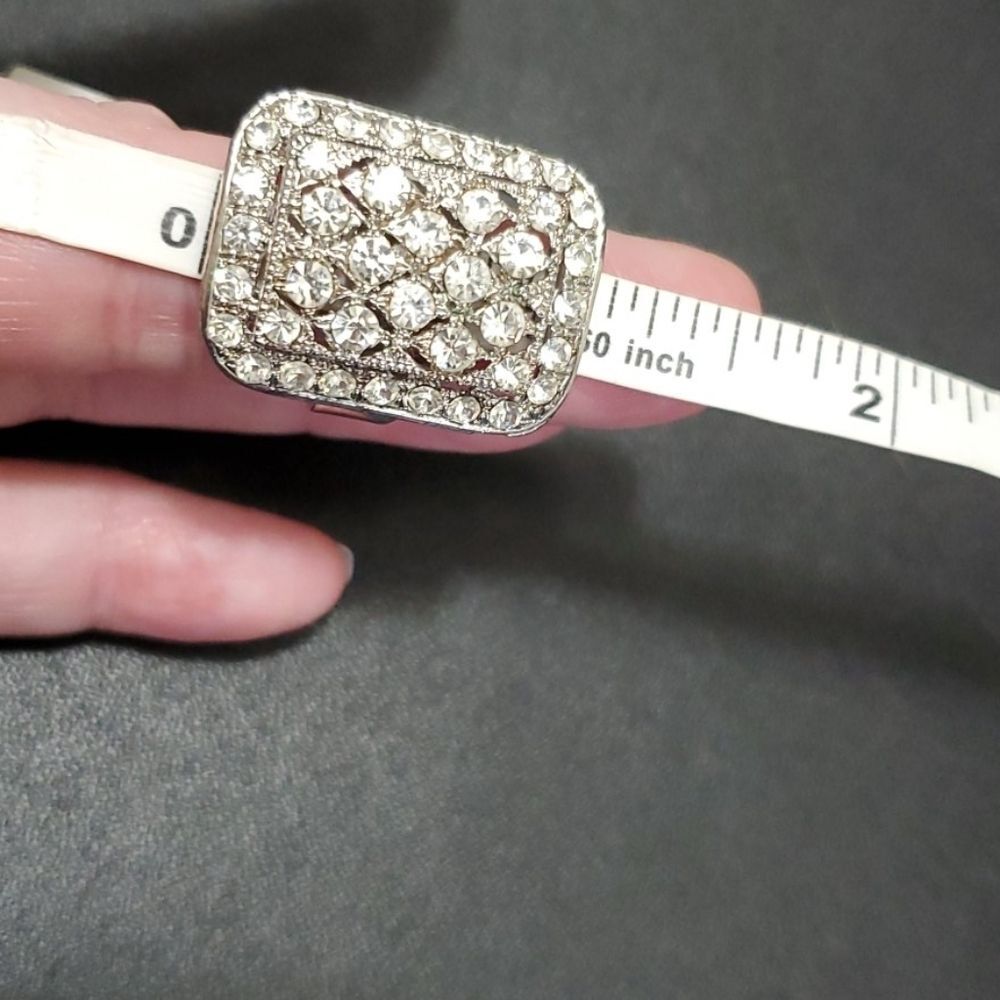 Silver tone rectangular rhinestone ring adjustable - Picture 7 of 9